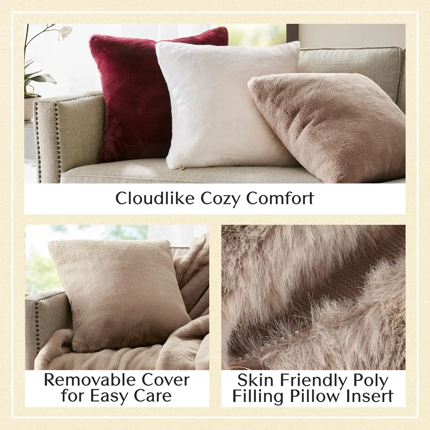 Croscill Décor Pillow, Luxurious Long Faux Fur Plush Removable Cover with Brand Insignia Zipper, All Season & Skin Friendly Poly Filling Décor Pillow Insert, Sable, Square, 20x20, Golden