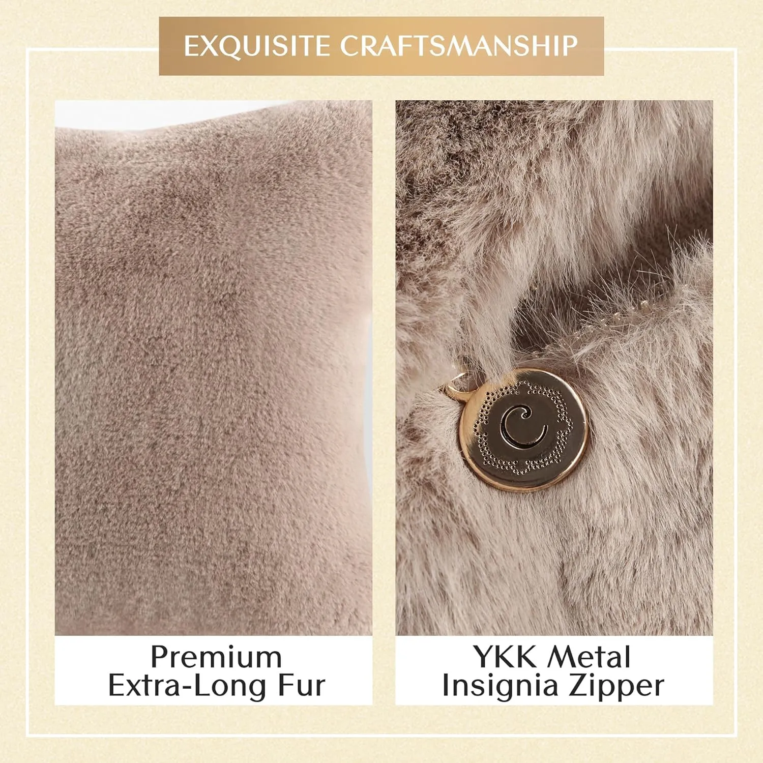 Croscill Décor Pillow, Luxurious Long Faux Fur Plush Removable Cover with Brand Insignia Zipper, All Season & Skin Friendly Poly Filling Décor Pillow Insert, Sable, Square, 20x20, Golden