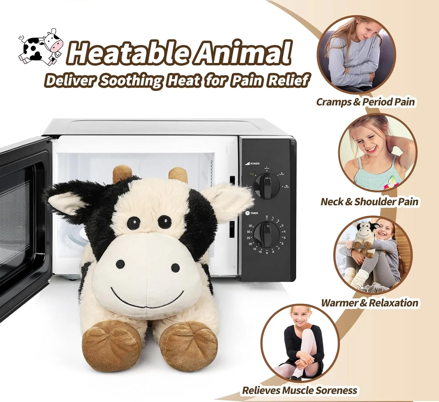 Cuckool Warmable Cow Stuffed Animals, Microwavable Stuffed Animals Heating Pad for Cramps, Pain Stress Relief, Heatable & Coolable Lavender Scented Plush Toys for Anxiety, Women & Kids Bedtime
