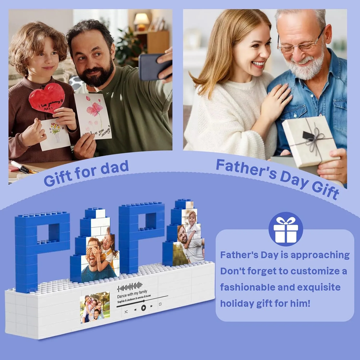 Custom Photo Puzzles Gifts for Dad, PAPA Shaped Personalized Picture Building Blocks Bricks Puzzles with Music Code, DIY Love Home Decor Holiday Birthday