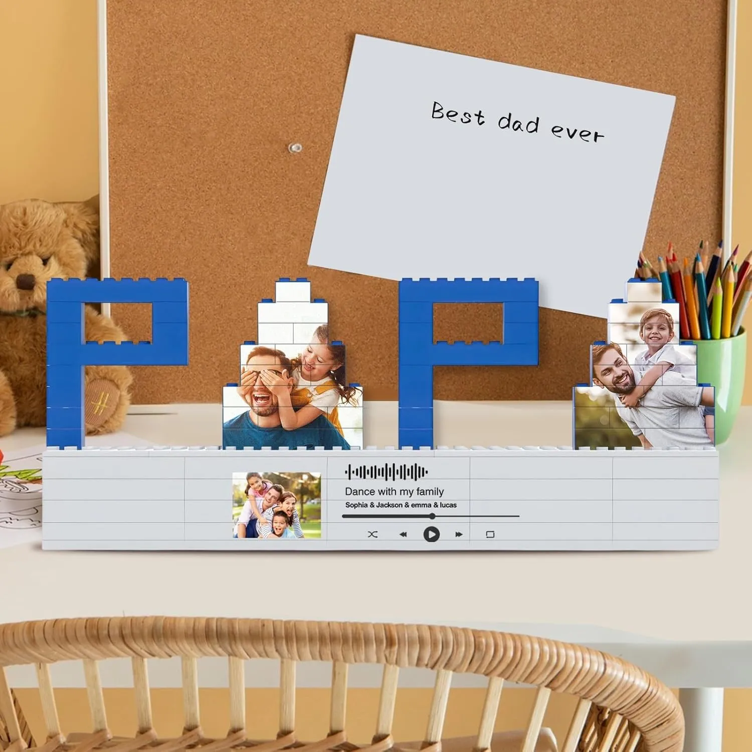 Custom Photo Puzzles Gifts for Dad, PAPA Shaped Personalized Picture Building Blocks Bricks Puzzles with Music Code, DIY Love Home Decor Holiday Birthday
