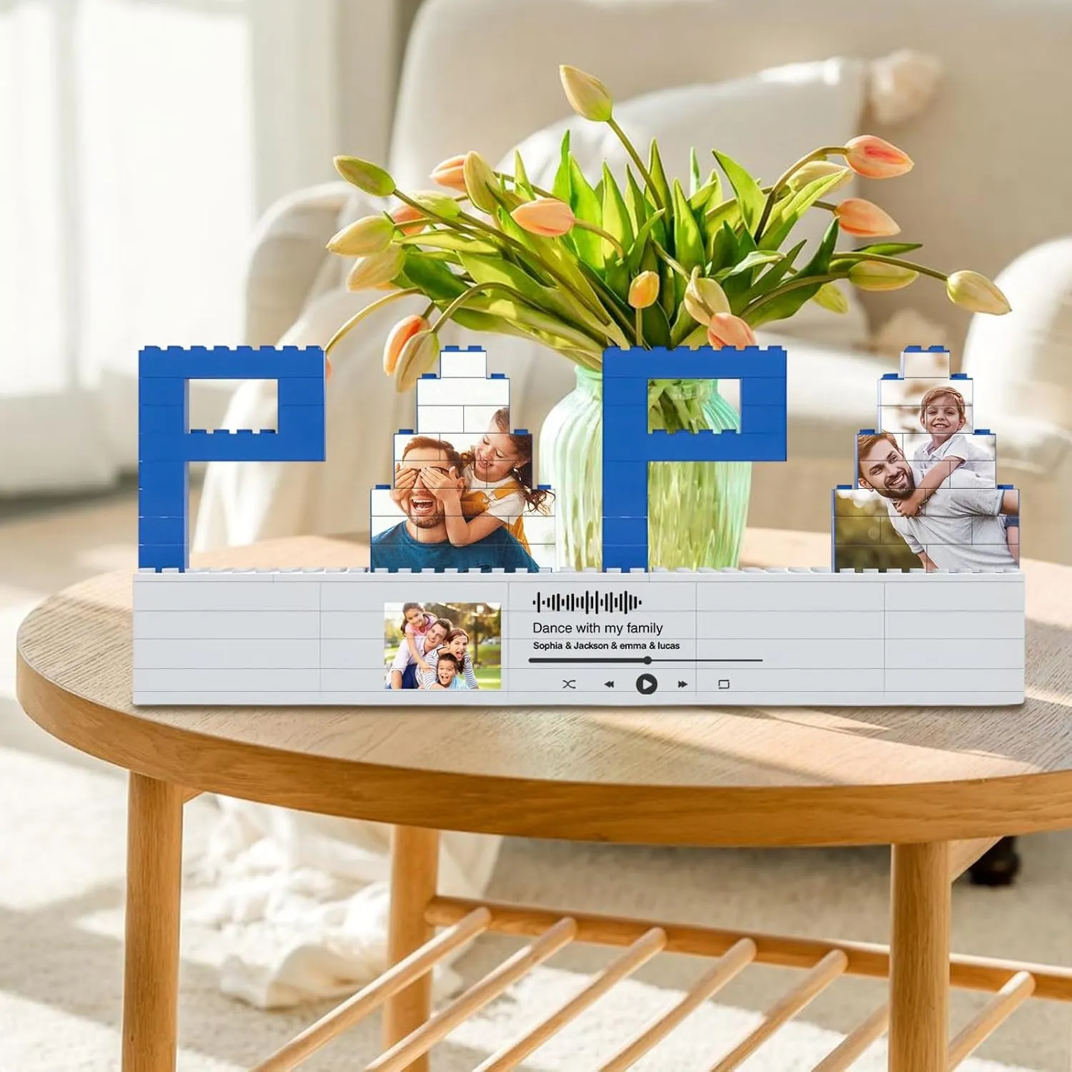 Custom Photo Puzzles Gifts for Dad, PAPA Shaped Personalized Picture Building Blocks Bricks Puzzles with Music Code, DIY Love Home Decor Holiday Birthday