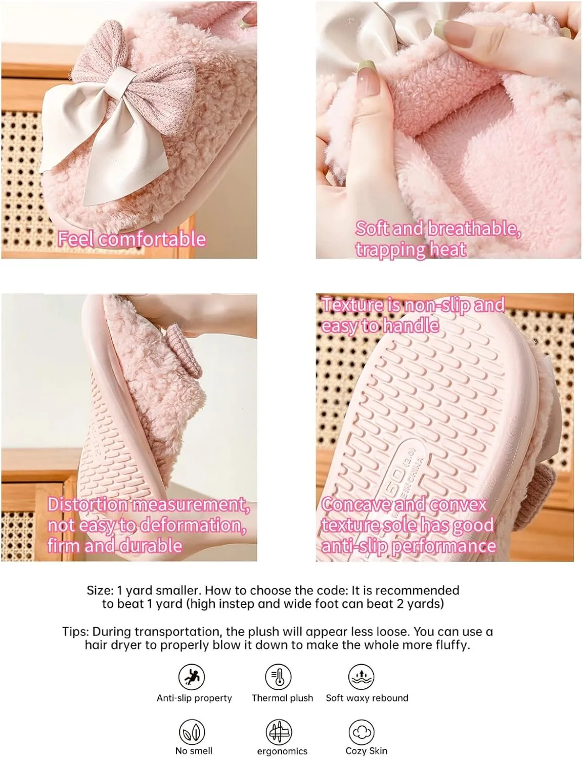 Cute Bow Women's Fuzzy Memory Foam Slippers Fluffy Winter House Shoes Indoor and Outdoor