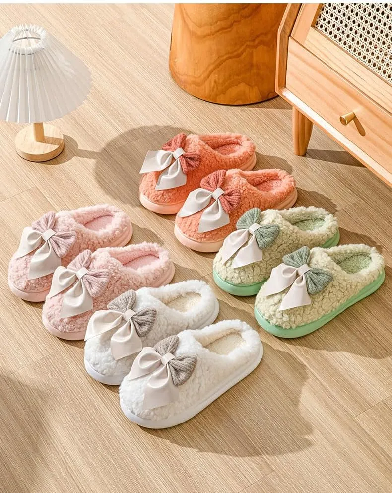 Cute Bow Women's Fuzzy Memory Foam Slippers Fluffy Winter House Shoes Indoor and Outdoor