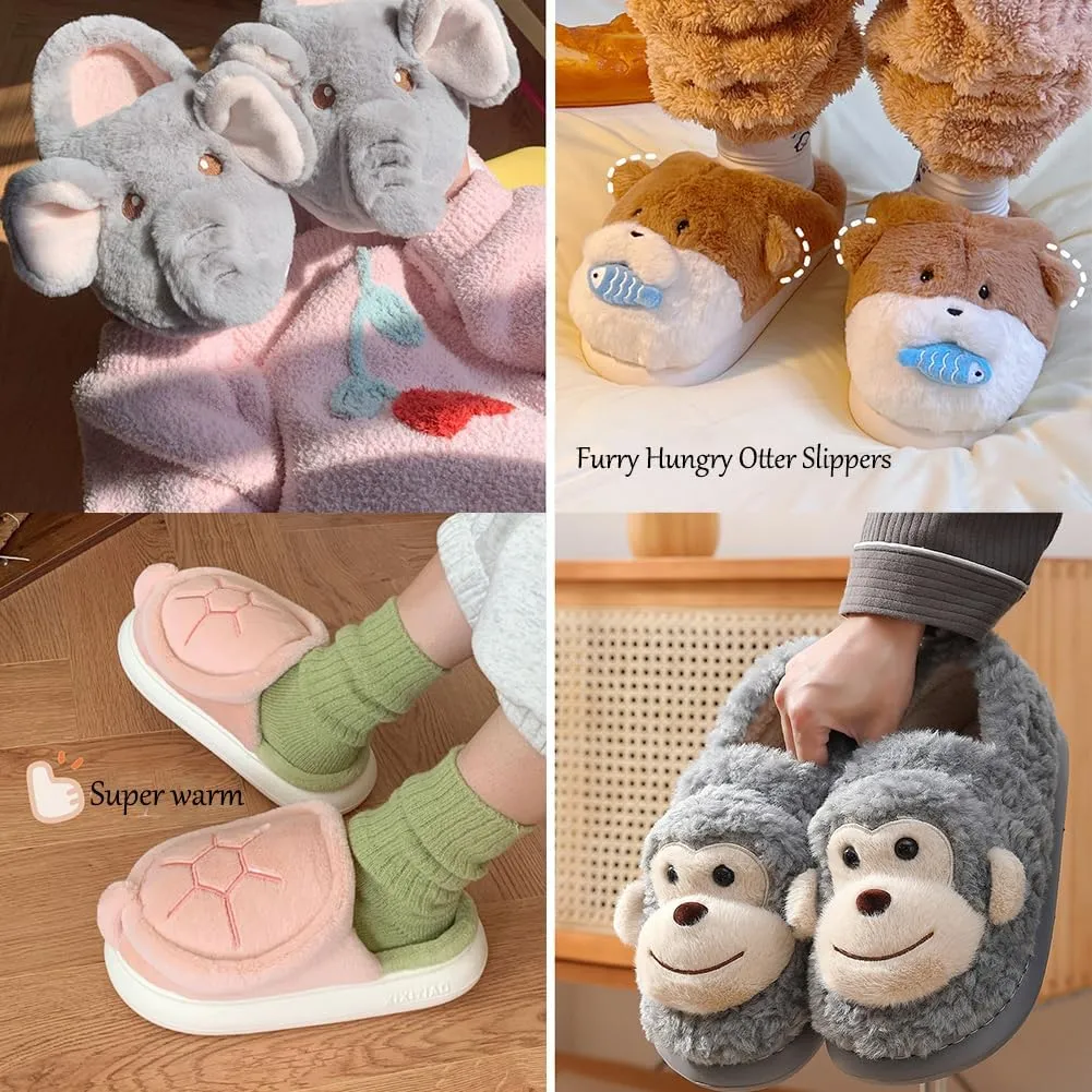Cute Elephant, Otter, Monkey & Turtle Slippers for Women – Cozy, Warm, Funny Non-Slip Soft Plush Animal Slippers for Fall & Winter, Perfect for Home, Gifts & Matching Couples