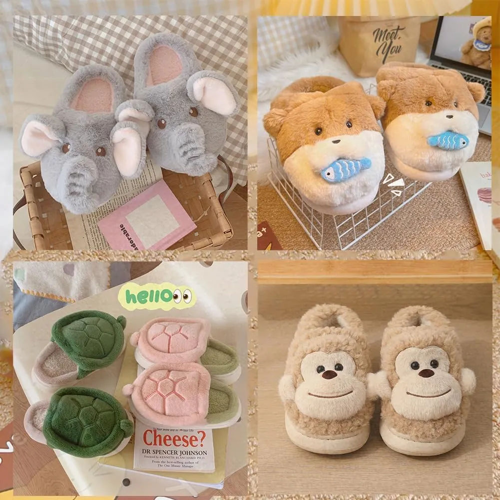 Cute Elephant, Otter, Monkey & Turtle Slippers for Women – Cozy, Warm, Funny Non-Slip Soft Plush Animal Slippers for Fall & Winter, Perfect for Home, Gifts & Matching Couples