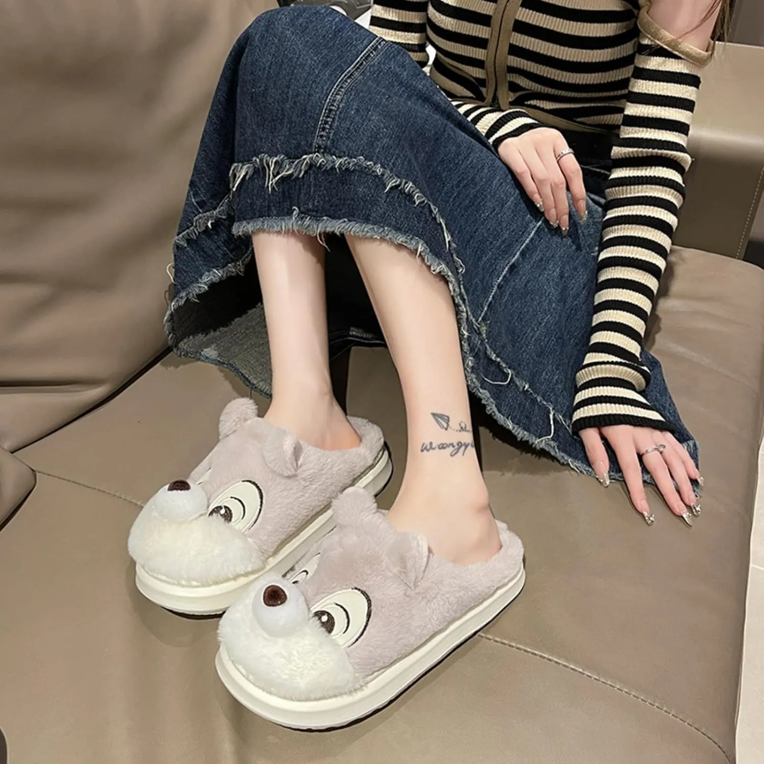 Cute Squirrel Plush Slippers Y2K Animal Cotton Stuff Slippers Home Cozy Furry Fluffy Soft Indoor House Shoes