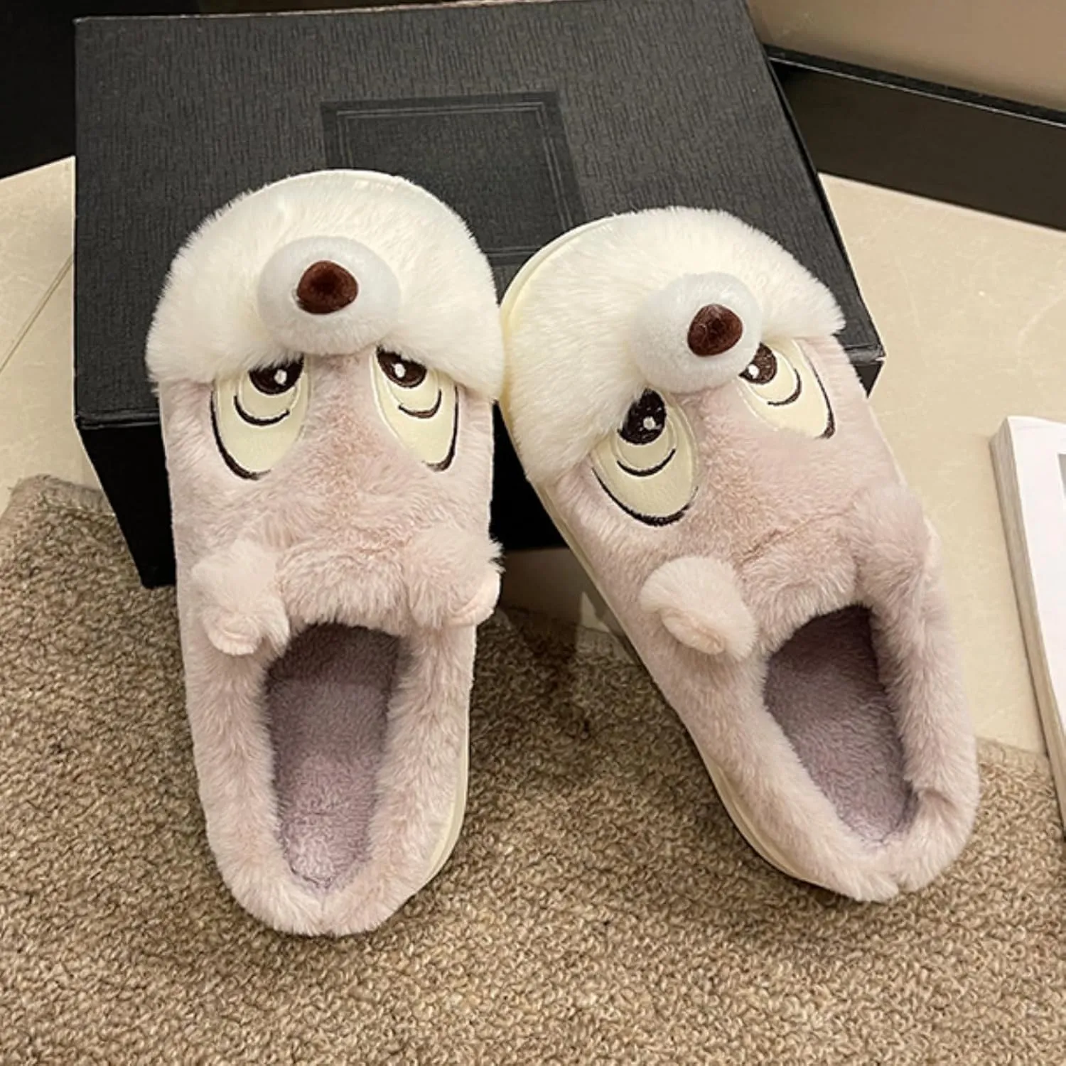 Cute Squirrel Plush Slippers Y2K Animal Cotton Stuff Slippers Home Cozy Furry Fluffy Soft Indoor House Shoes