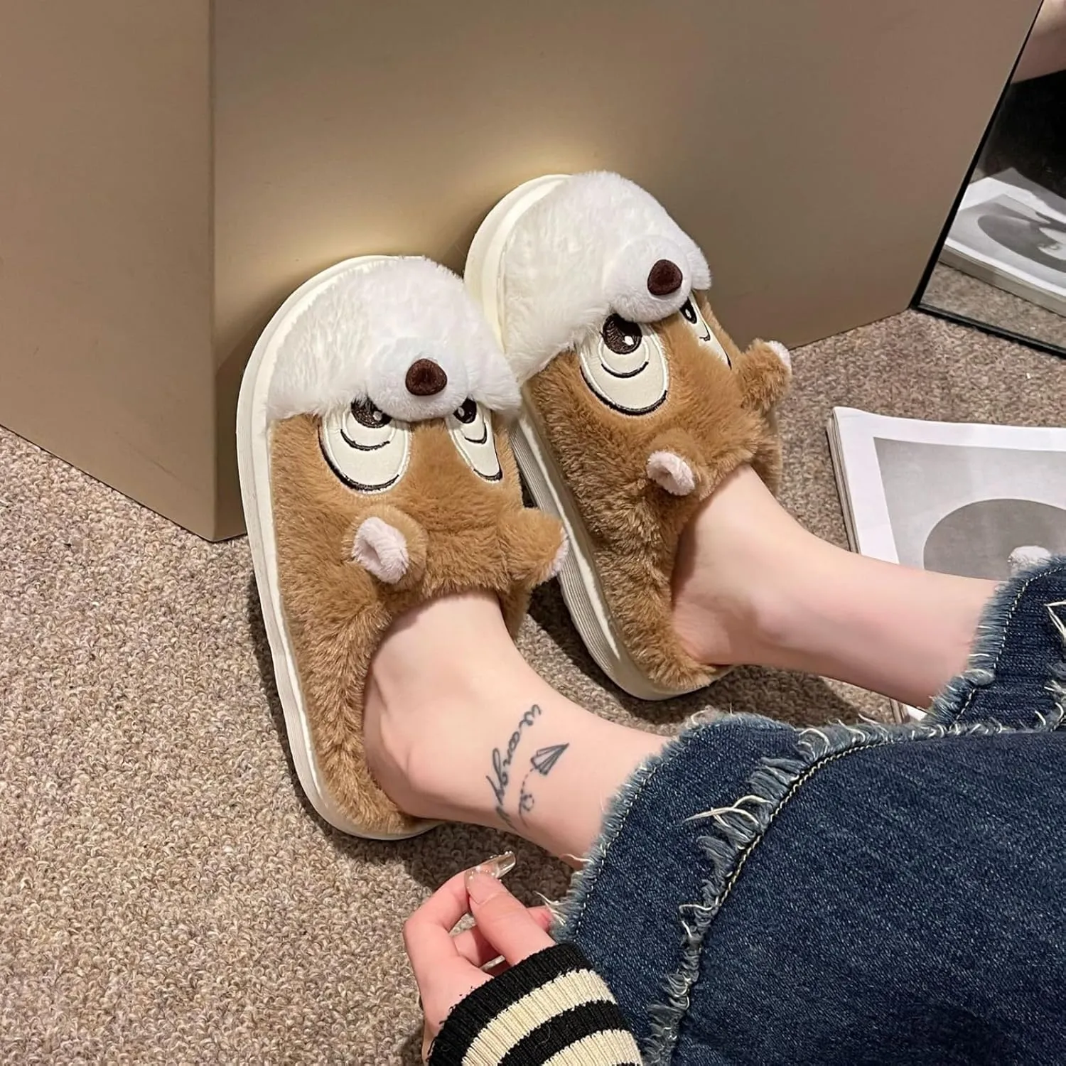Cute Squirrel Plush Slippers Y2K Animal Cotton Stuff Slippers Home Cozy Furry Fluffy Soft Indoor House Shoes