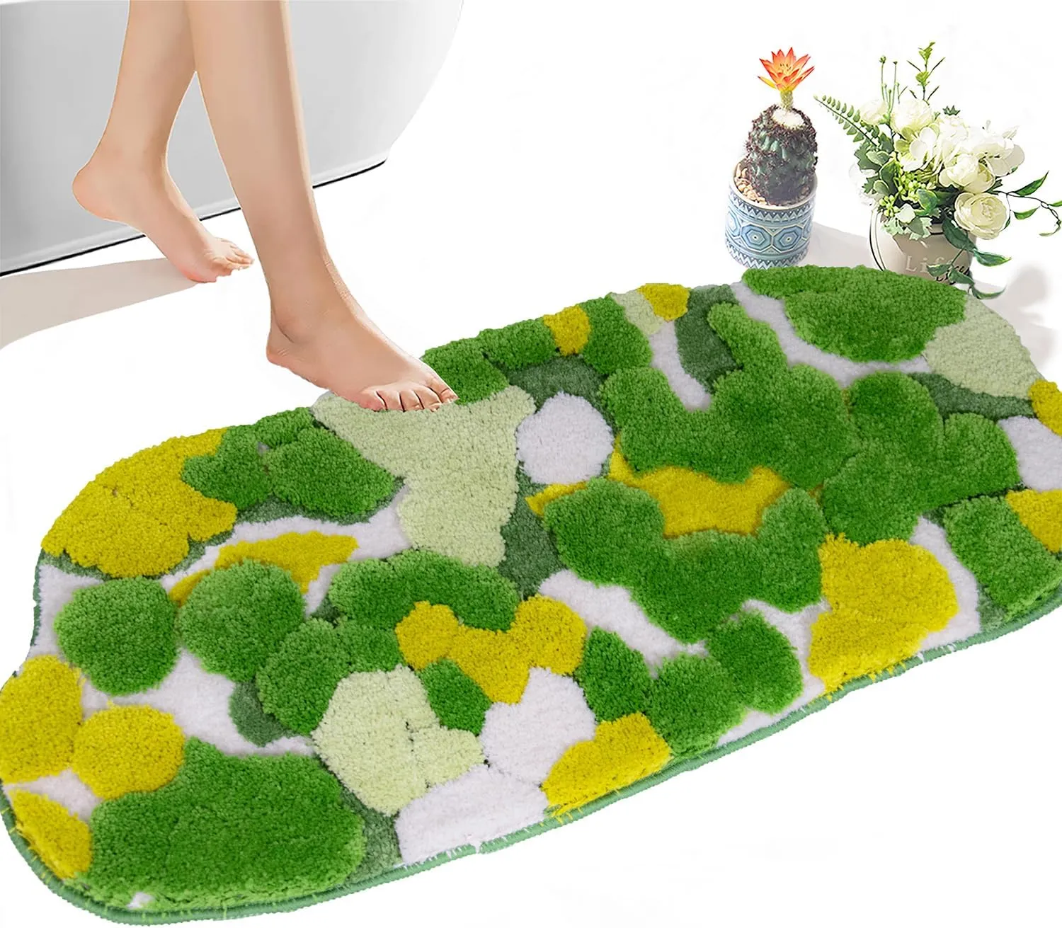 Cute Yellow Green Moss Bathroom Runner Rugs 20x43 Long Leaf Bathroom Rugs Non Slip Bohemian Large Bath Mat Water Absorbent Bath Runner