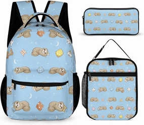 Cute Sloth on Sleeping Pattern 3 Piece Backpack Sets With Lunch Bag Pencil Case Combination Hiking Travel Work