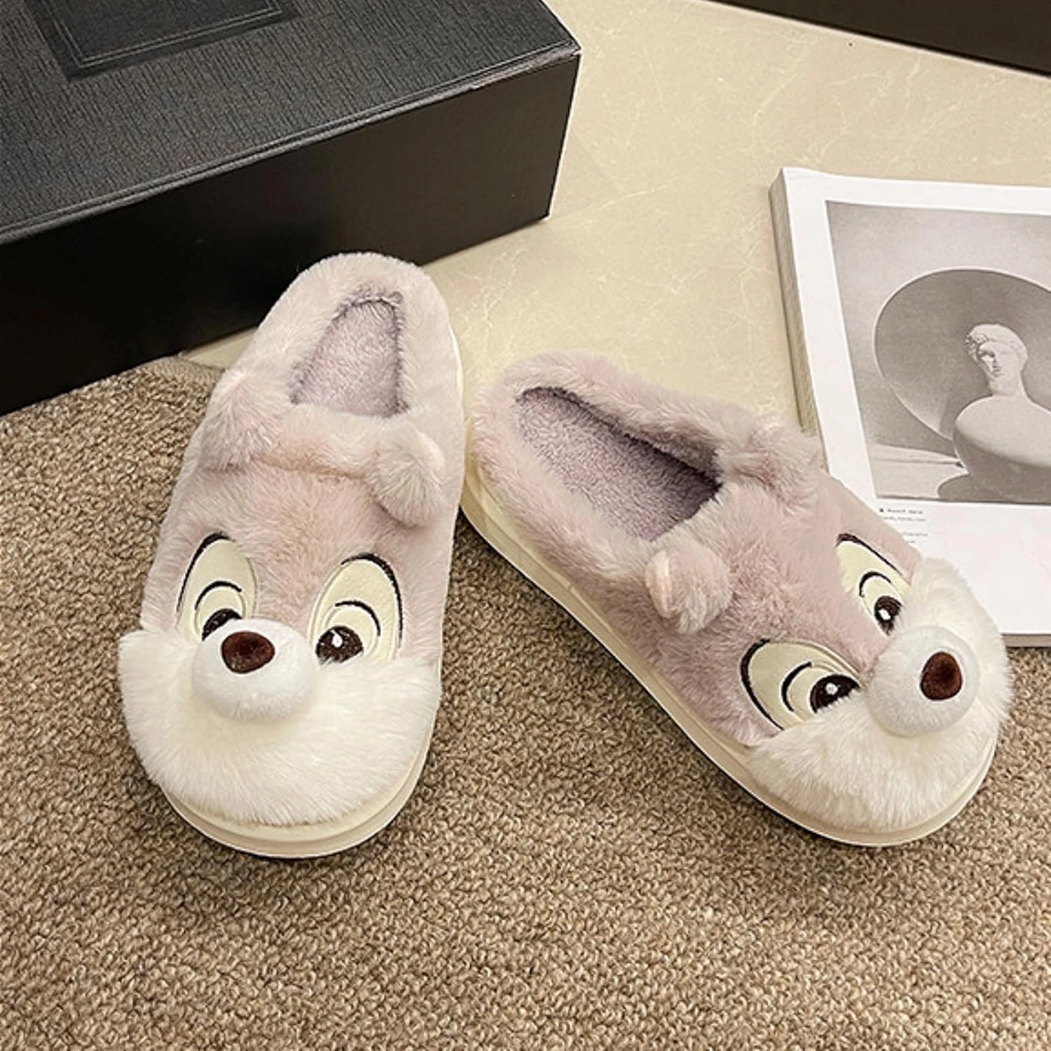 Cute Squirrel Plush Slippers Y2K Animal Cotton Stuff Slippers Home Cozy Furry Fluffy Soft Indoor House Shoes