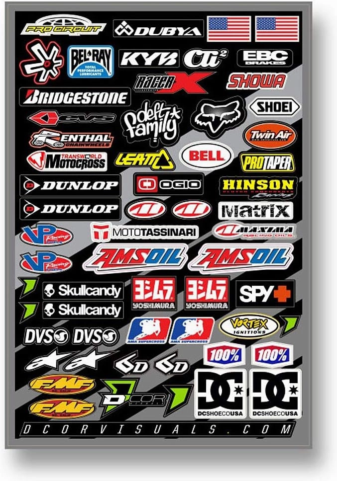 D'cor Visuals Motorcycle Decal Sheet - Pro Circuit, KYB, Fox, Renthal, Dunlop, Yoshimura, Bell & More, Moto, MX, ATV, Bike & Helmet Stickers