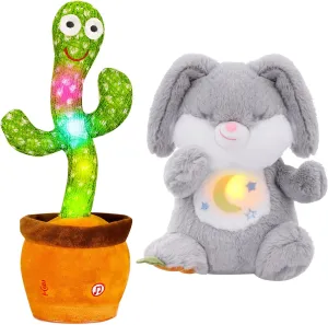 Dancing Talking Cactus Toy Breathing Stuffed Bunny Set, Interactive Musical Toys Soothe Snuggle Bunny Plush with Glowing Lights, Anxiety Adults and Kids, Easter Basket Stuffers Gifts for Kids