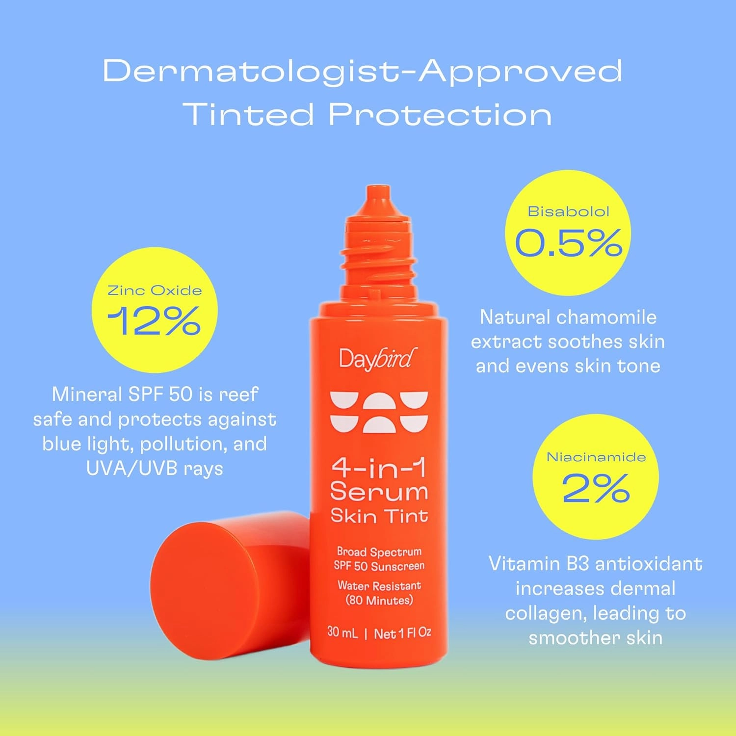 Daybird 4 in 1 Tinted Serum, Tinted Moisturizer and Sunscreen for Face, SPF 50  Niacinamide, 1 Ounce (light)