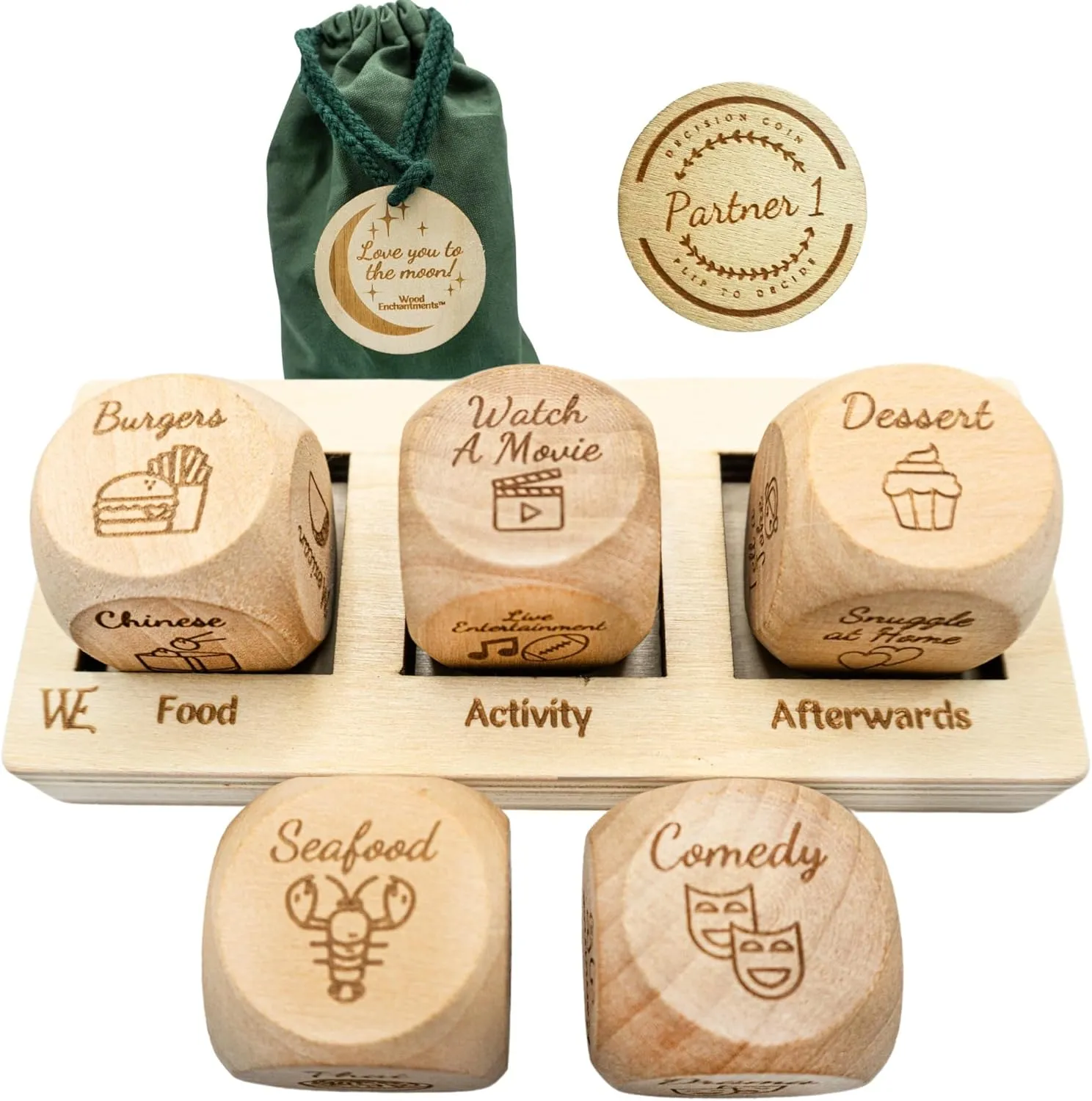 Deluxe Date Night Dice Game - Fun Romantic Couples Gift - 5 Dice, Decision Coin, Board & Carry Bag for Bachelorette, Anniversary, Wedding, Bridal Shower - Girlfriend Wife Husband Him Her Anniversaries