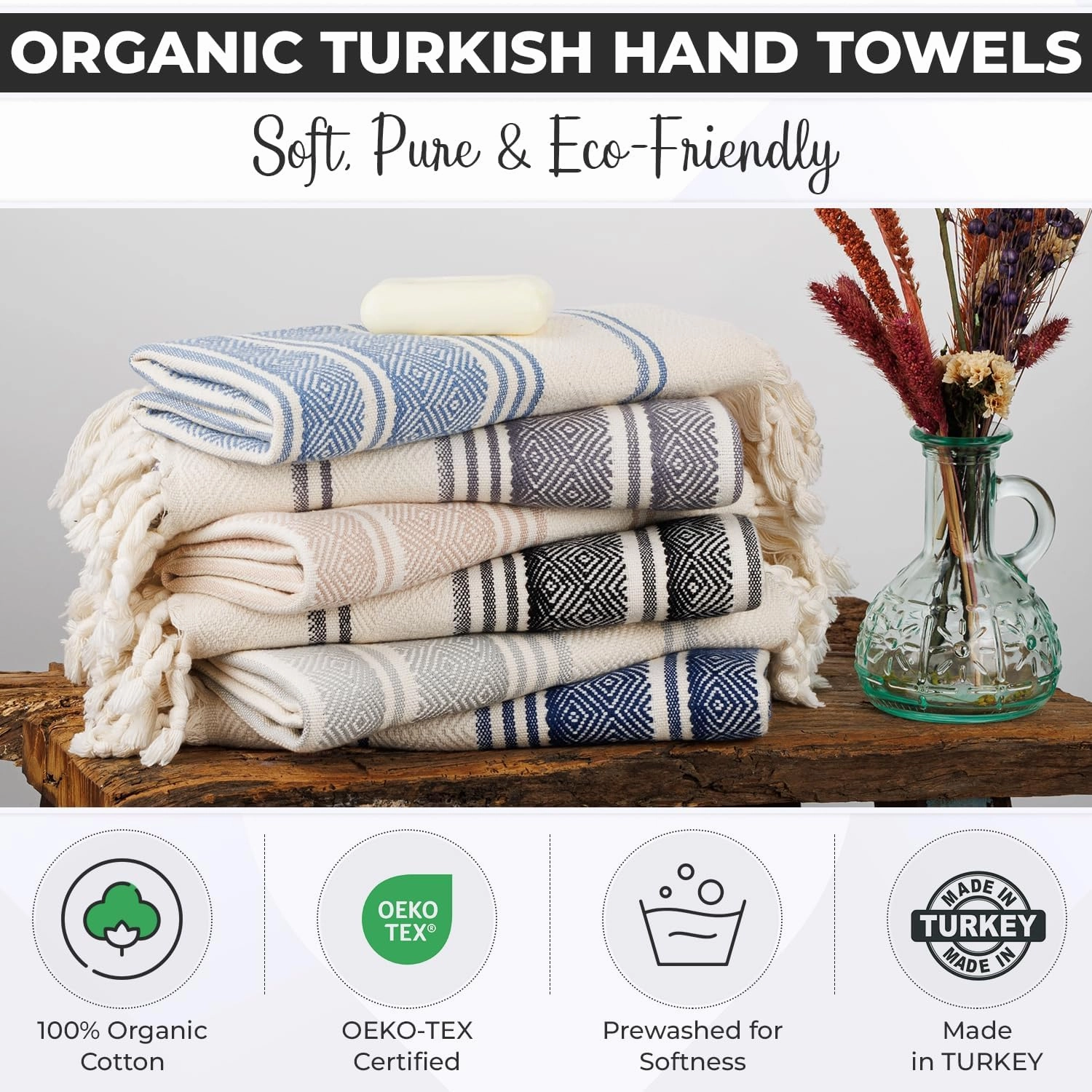 DEMMEX Organic Turkish Hand Towels for Bathroom – 100% Oeko-TEX Certified Turkish Cotton, Quick Dry, Lightweight Kitchen & Travel Towels, Diamond Weave, Large 18x36 Inches, Set of 2, Sage Green