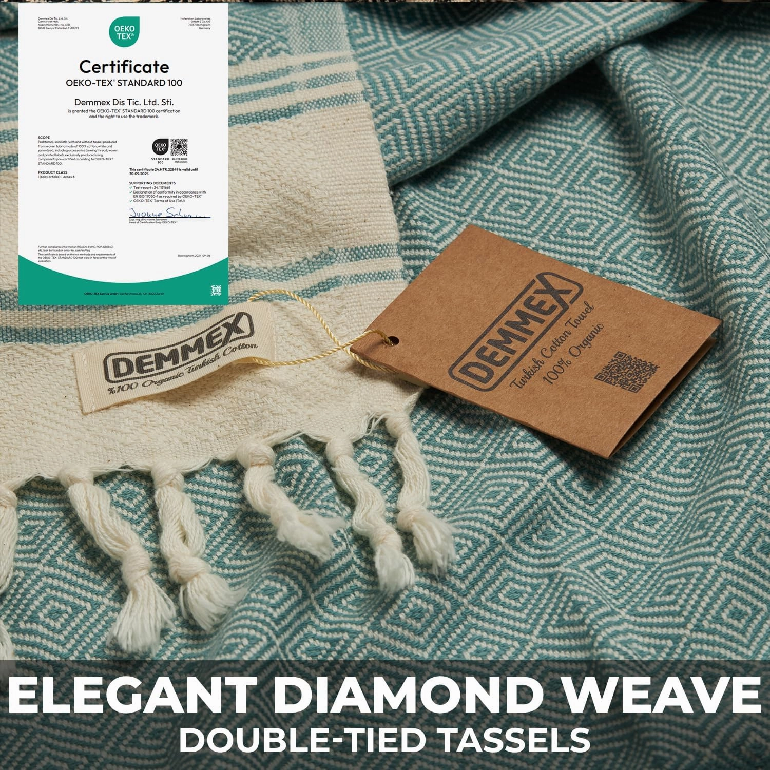 DEMMEX Organic Turkish Hand Towels for Bathroom – 100% Oeko-TEX Certified Turkish Cotton, Quick Dry, Lightweight Kitchen & Travel Towels, Diamond Weave, Large 18x36 Inches, Set of 2, Sage Green