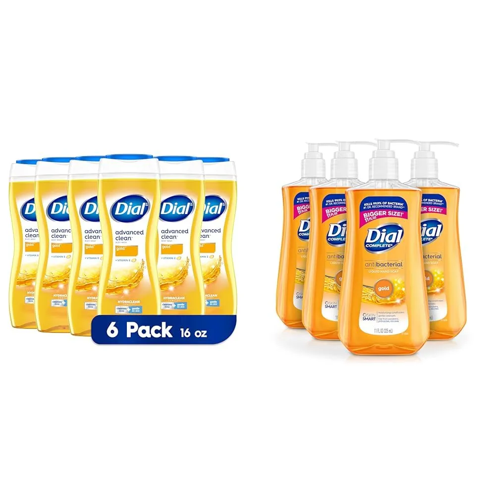 Dial Body Wash, Advanced Clean Gold, 16 fl oz, Pack of 6 & Complete Antibacterial Liquid Hand Soap, Gold, 11 fl oz (Pack of 4)