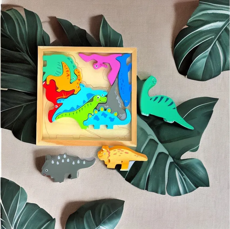 Different Dinosaur Blocks with Wooden Square Tray (1-3 Years)