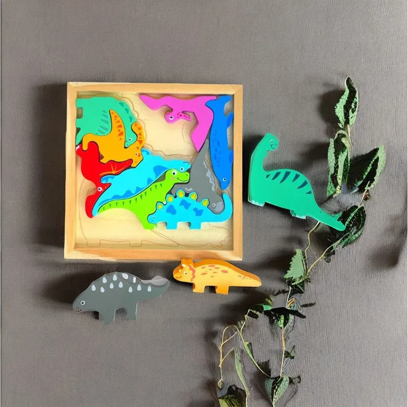 Different Dinosaur Blocks with Wooden Square Tray (1-3 Years)