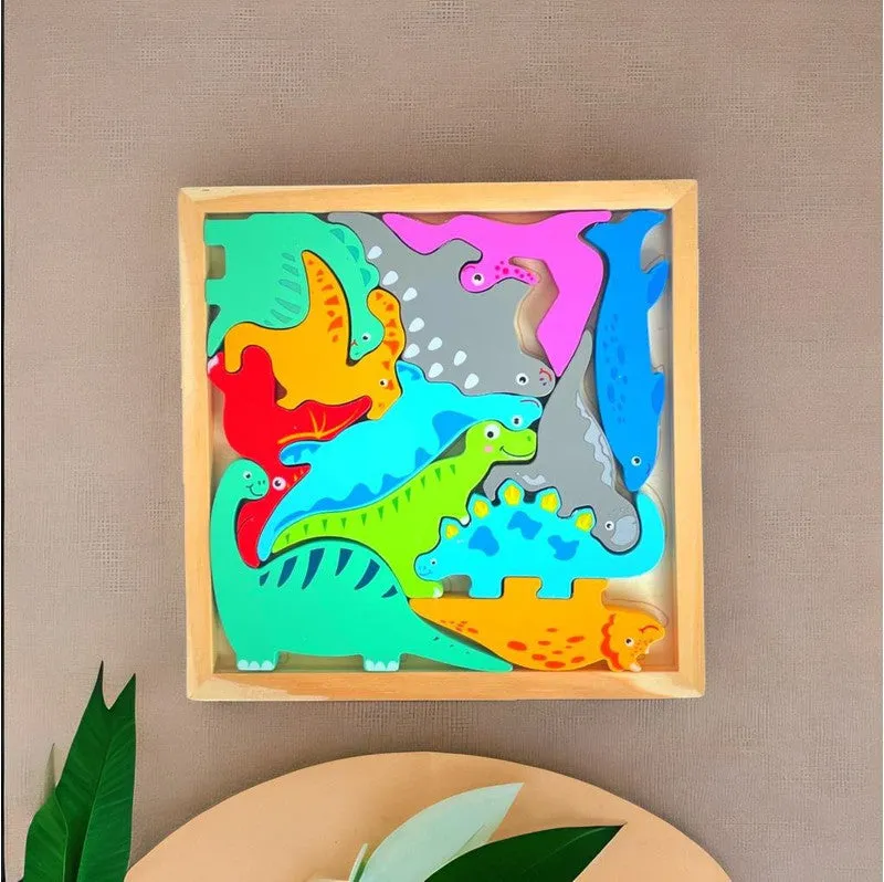 Different Dinosaur Blocks with Wooden Square Tray (1-3 Years)