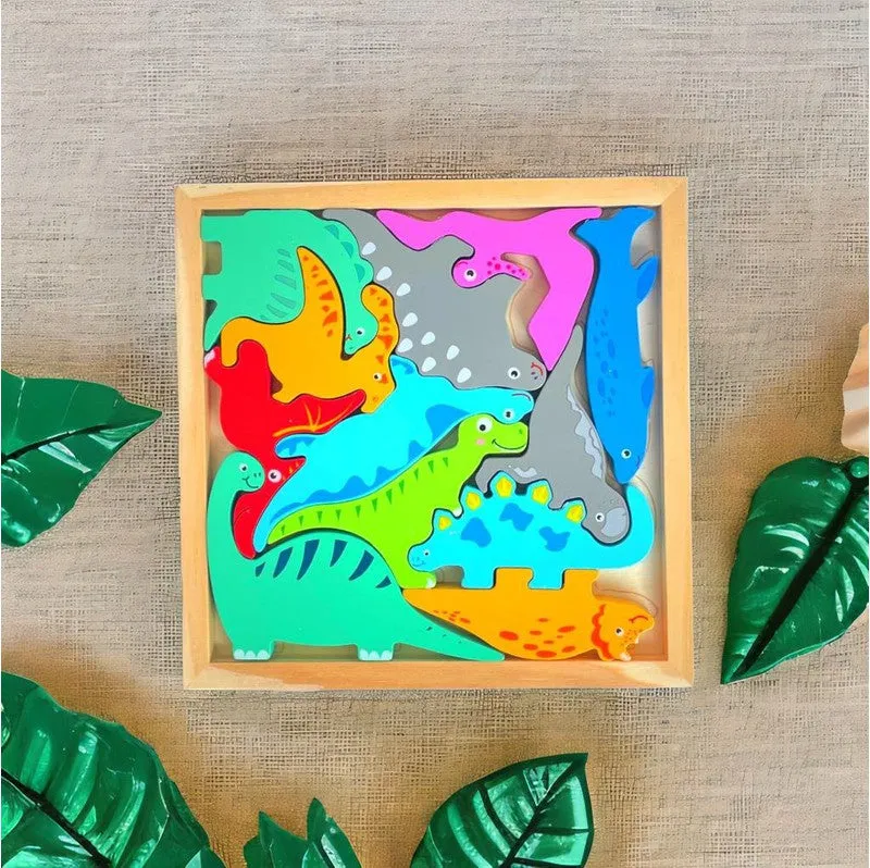 Different Dinosaur Blocks with Wooden Square Tray (1-3 Years)
