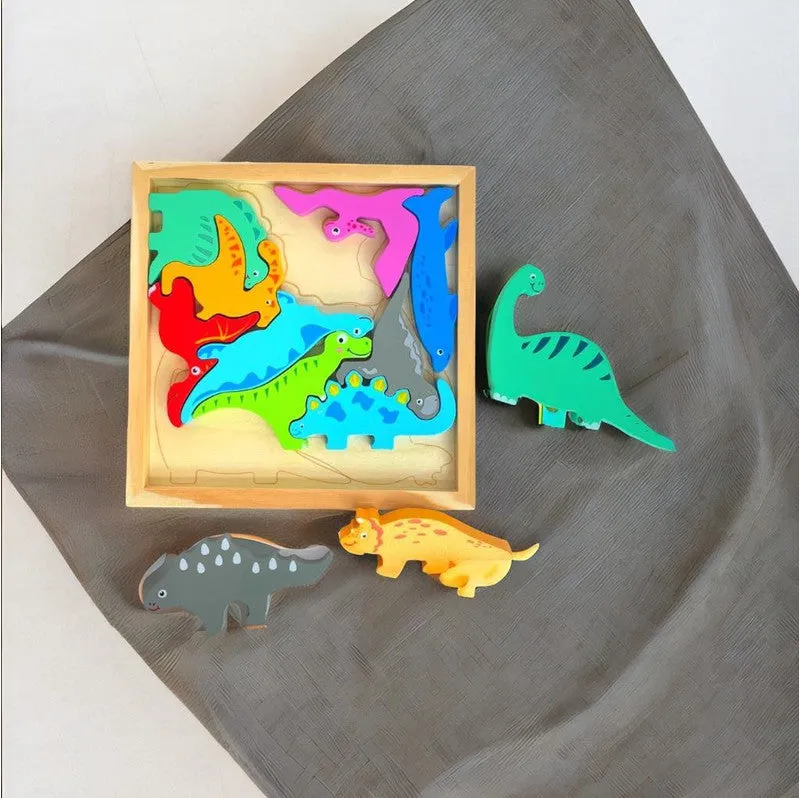 Different Dinosaur Blocks with Wooden Square Tray (1-3 Years)