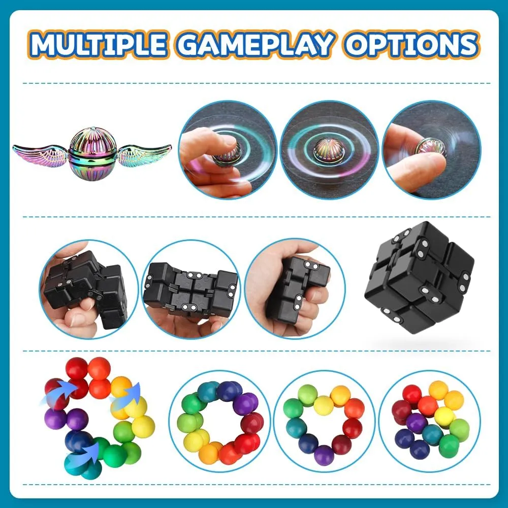Dilabnba 14 Piece Fidget Toys Set for Adults Teens, Stress Relief Sensory Finger Gyro Toys with Infinity Cube, Spinner, Magnetic Balls, Gifts for Easter Classroom Prizes Party Favors
