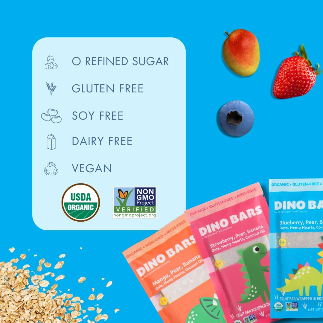 Dino Bars | Organic Fruit Bar for Kids | Organic Toddler Bars and Dinosaur Snacks | Fruit   Oats   Hemp Hearts   Coconut Oil with Edible Paper | Blueberry   Strawberry   Mango Kids Bar | Age 1  | Variety 9 Pack