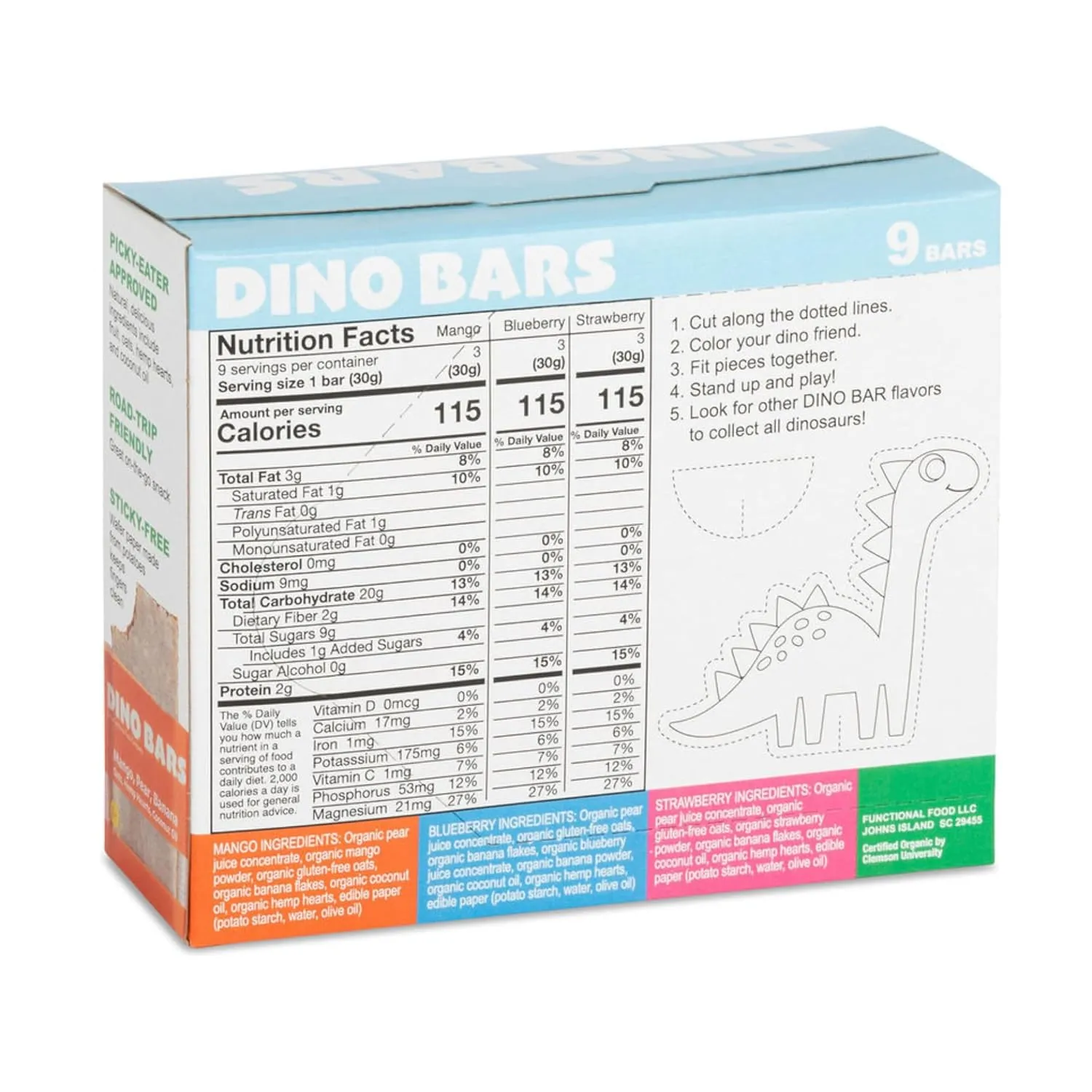 Dino Bars | Organic Fruit Bar for Kids | Organic Toddler Bars and Dinosaur Snacks | Fruit   Oats   Hemp Hearts   Coconut Oil with Edible Paper | Blueberry   Strawberry   Mango Kids Bar | Age 1  | Variety 9 Pack