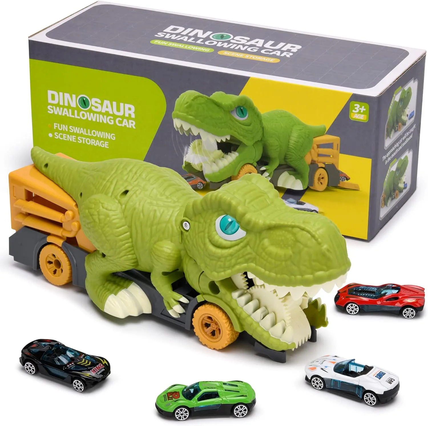Dinosaur Car Swallowing Toy - Dinosaur Truck & 6 Mini Alloy Cars 6 Small Dino Eggs, Dinosaurs for Toddlers 1-3 Boys