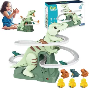 Dinosaur Climbing Stairs Toy, Dinosaur Climbing Slide Music Toy Chasing Race, Electric Dino Roller Coaster Game for Children's Gifts (3 Pcs Dinosaur  3 Pcs Duck)