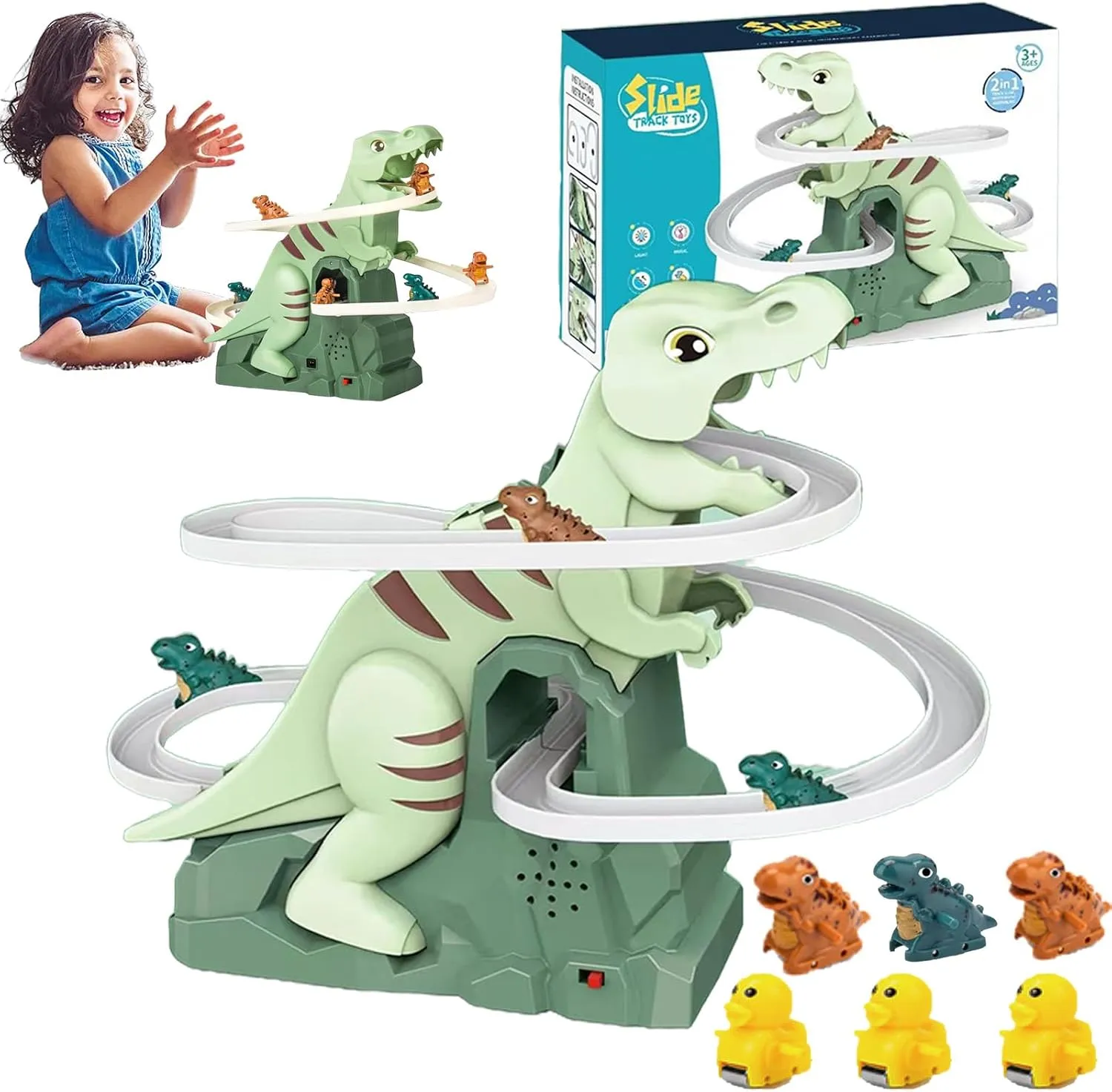 Dinosaur Climbing Stairs Toy, Dinosaur Climbing Slide Music Toy Chasing Race, Electric Dino Roller Coaster Game for Children's Gifts (3 Pcs Dinosaur  3 Pcs Duck)