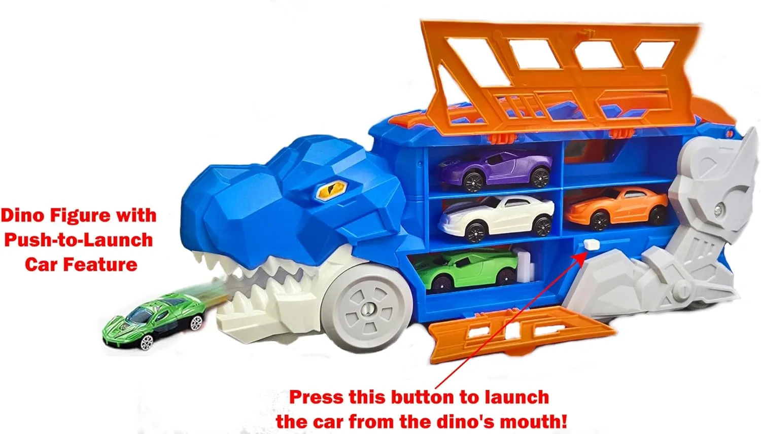 Dinosaur Transport Truck Carrier with 4 Diecast Cars – Race Track, Launcher & Storage Box – Toy Playset for Boys Ages 3  (Blue/Orange)