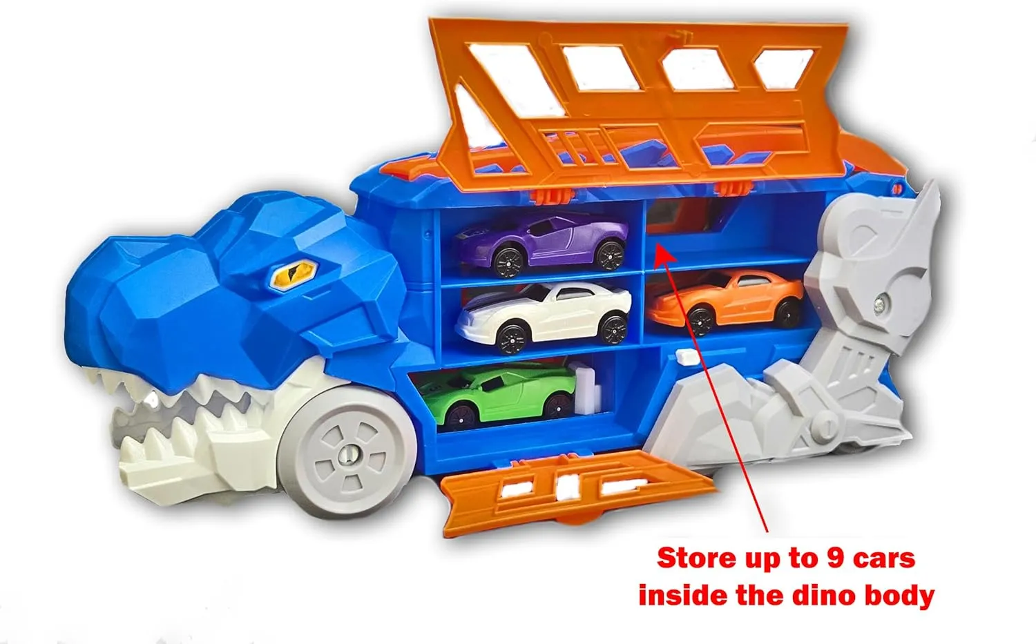 Dinosaur Transport Truck Carrier with 4 Diecast Cars – Race Track, Launcher & Storage Box – Toy Playset for Boys Ages 3  (Blue/Orange)