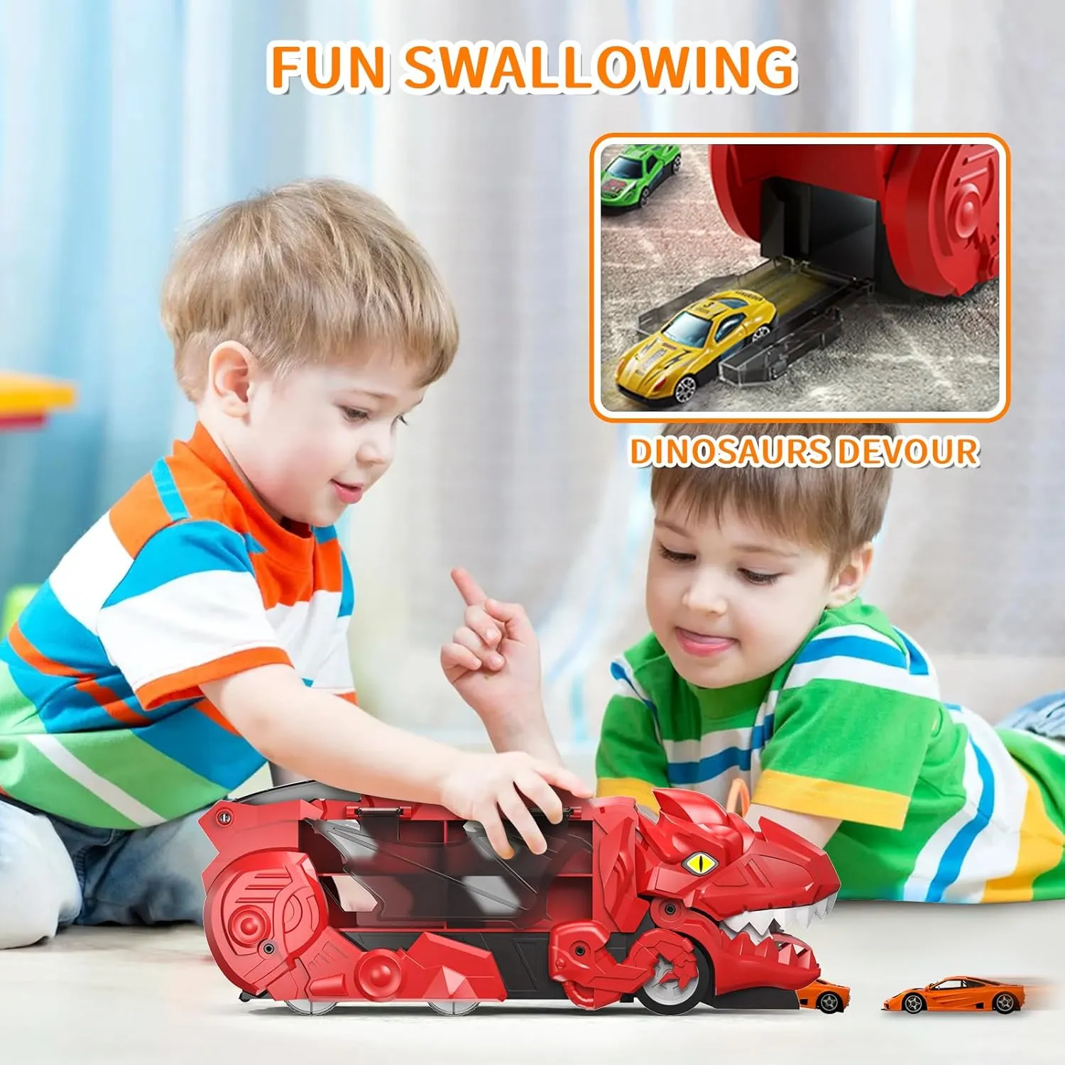 Dinosaur Transport Truck Toys - 9-in-1 Car Carrier & Track Set with 8 Mini Cars, Dino Monster Truck for Kids 3-12, Push & Pull Toy, Race & Storage Gift for Boys Girls (Red)