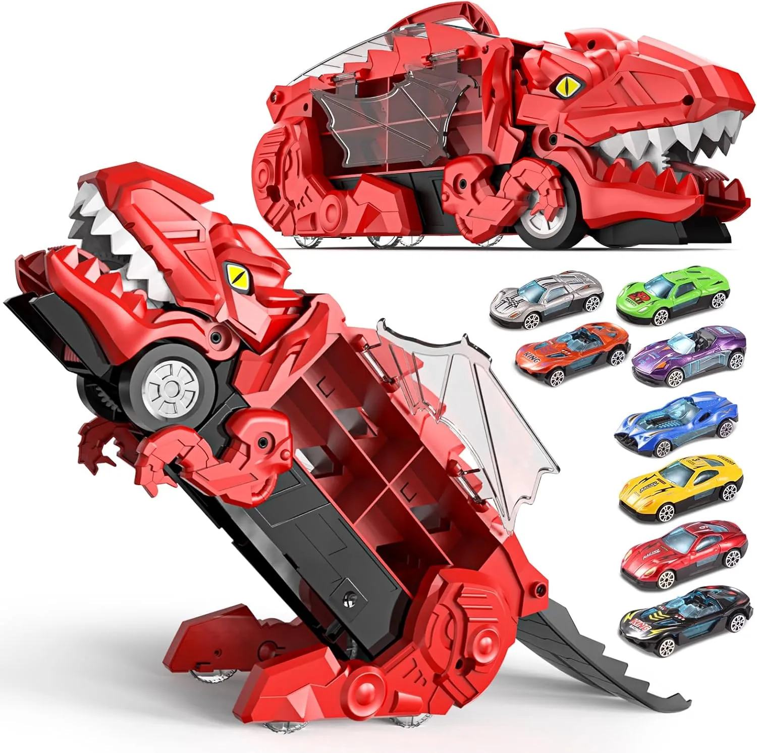 Dinosaur Transport Truck Toys - 9-in-1 Car Carrier & Track Set with 8 Mini Cars, Dino Monster Truck for Kids 3-12, Push & Pull Toy, Race & Storage Gift for Boys Girls (Red)