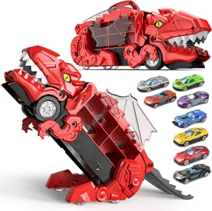 Dinosaur Transport Truck Toys - 9-in-1 Car Carrier & Track Set with 8 Mini Cars, Dino Monster Truck for Kids 3-12, Push & Pull Toy, Race & Storage Gift for Boys Girls (Red)