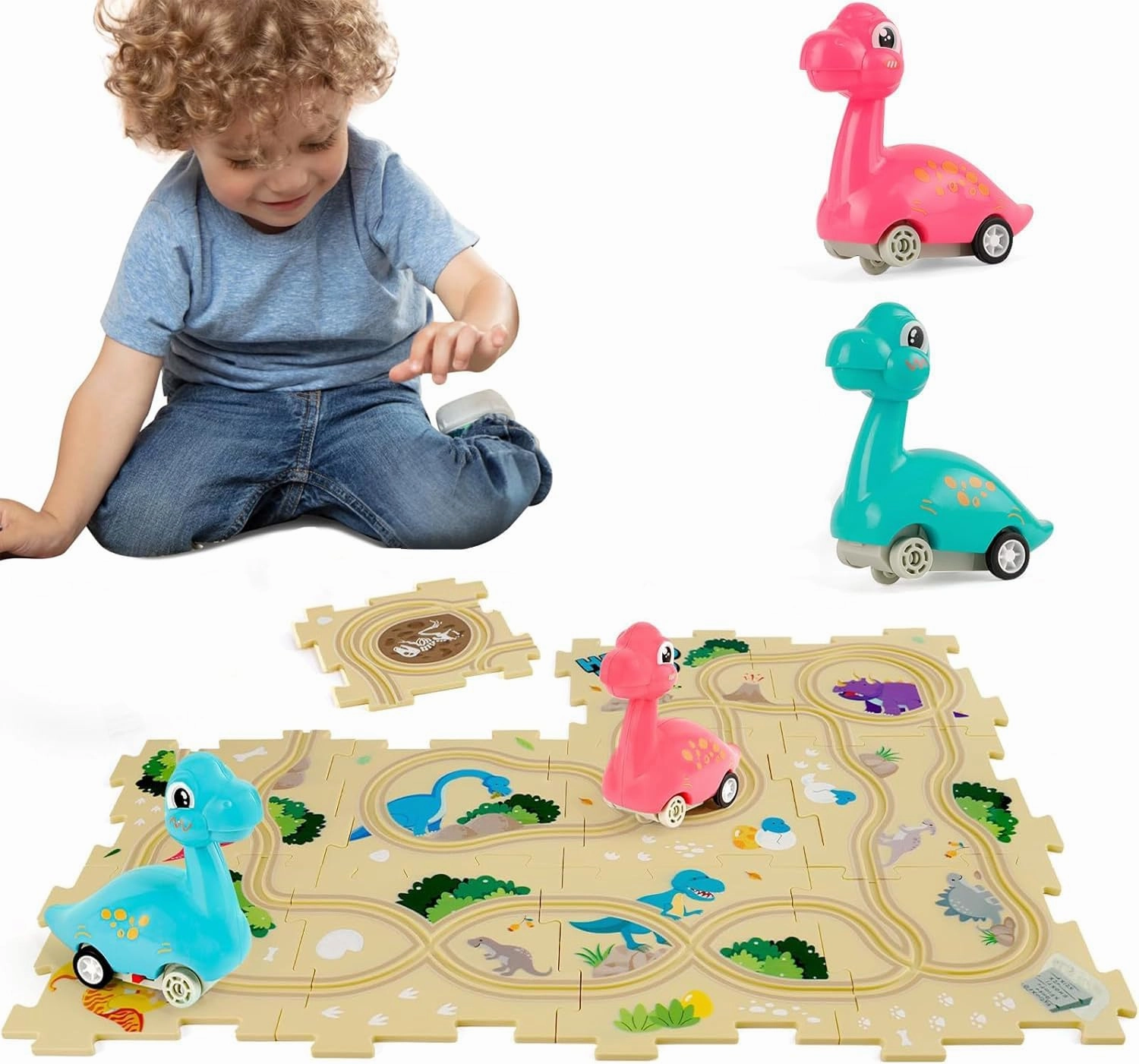 Dinosaur Toddler Toys Gifts for 2 3 4 5 Year Old Boys, with 2 Dino Cars, Puzzle Racer Kids Car Track Set, Car Rugs for Kids Toy Cars for 2 3 4 5 6 Year Old Boys, Toys for Ages 2-4