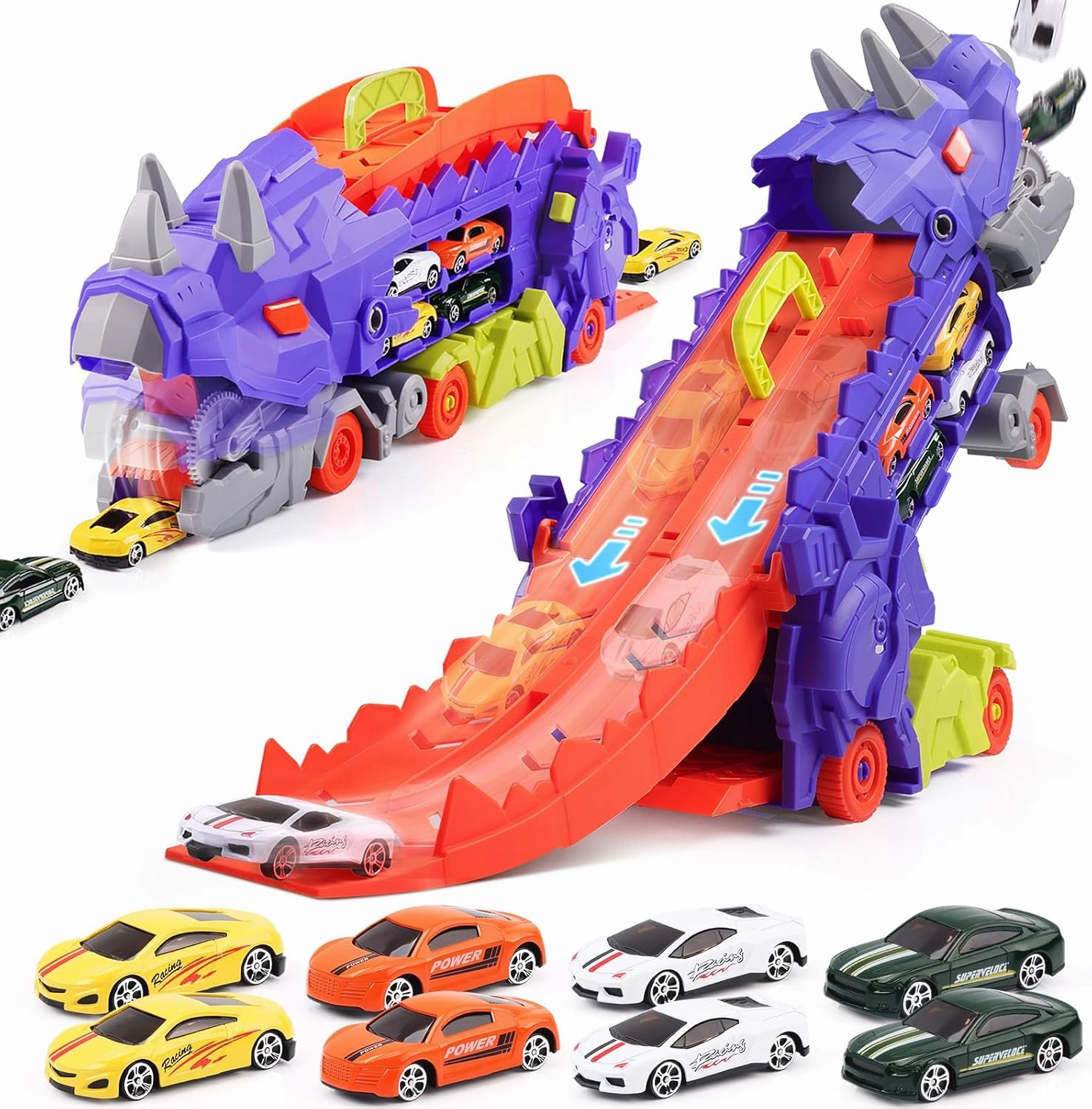 Dinosaur Toys for Kids 3-5 and Older, 9 in 1 Kids Toys Dinosaur Transport Toy Trucks with 8 Cars, Dinosaur Toys for Boys and Girls, Transforms Into Triceratops Toddler Boy Girl Toys Age 3 