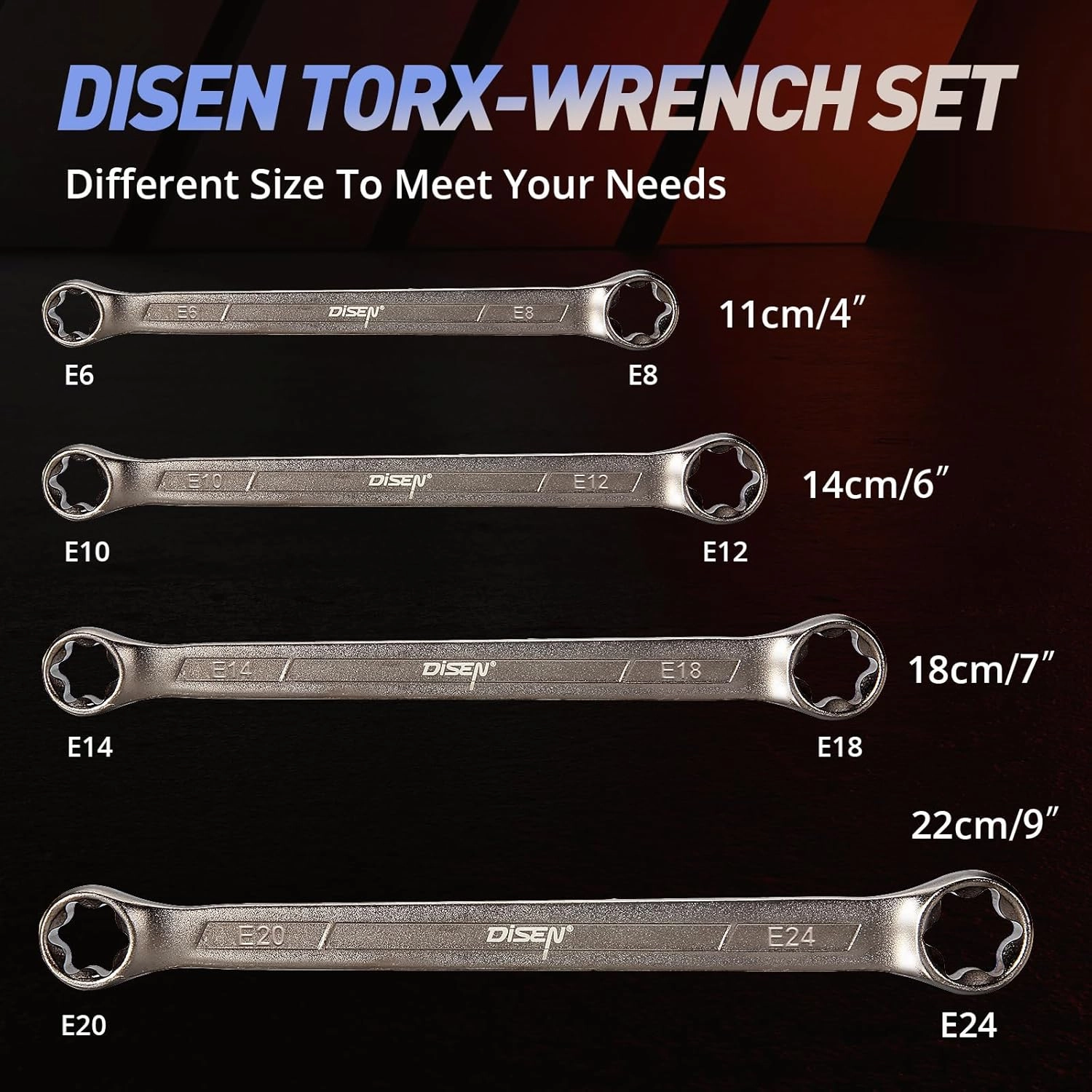 DISEN 2025 Upgraded 4-Piece E-Torx Wrench Set, Double Box End Wrench Set, CR-V Steel, Including E6*E8, E10*E12, E14*E18 and E20*E24