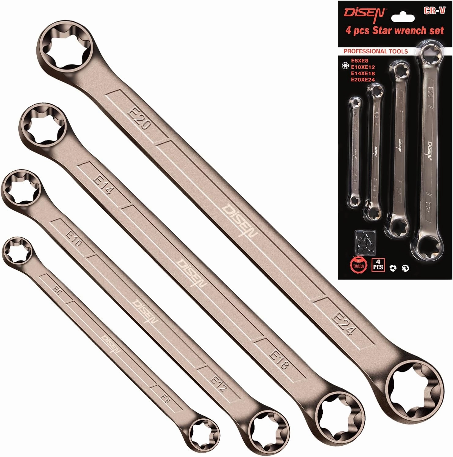 DISEN 2025 Upgraded 4-Piece E-Torx Wrench Set, Double Box End Wrench Set, CR-V Steel, Including E6*E8, E10*E12, E14*E18 and E20*E24
