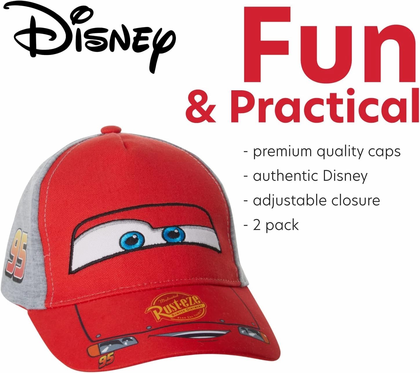 Disney Boys Baseball Hat, Lightning McQueen Adjustable Cap For Toddler 2-4 Or Kids Ages 4-7