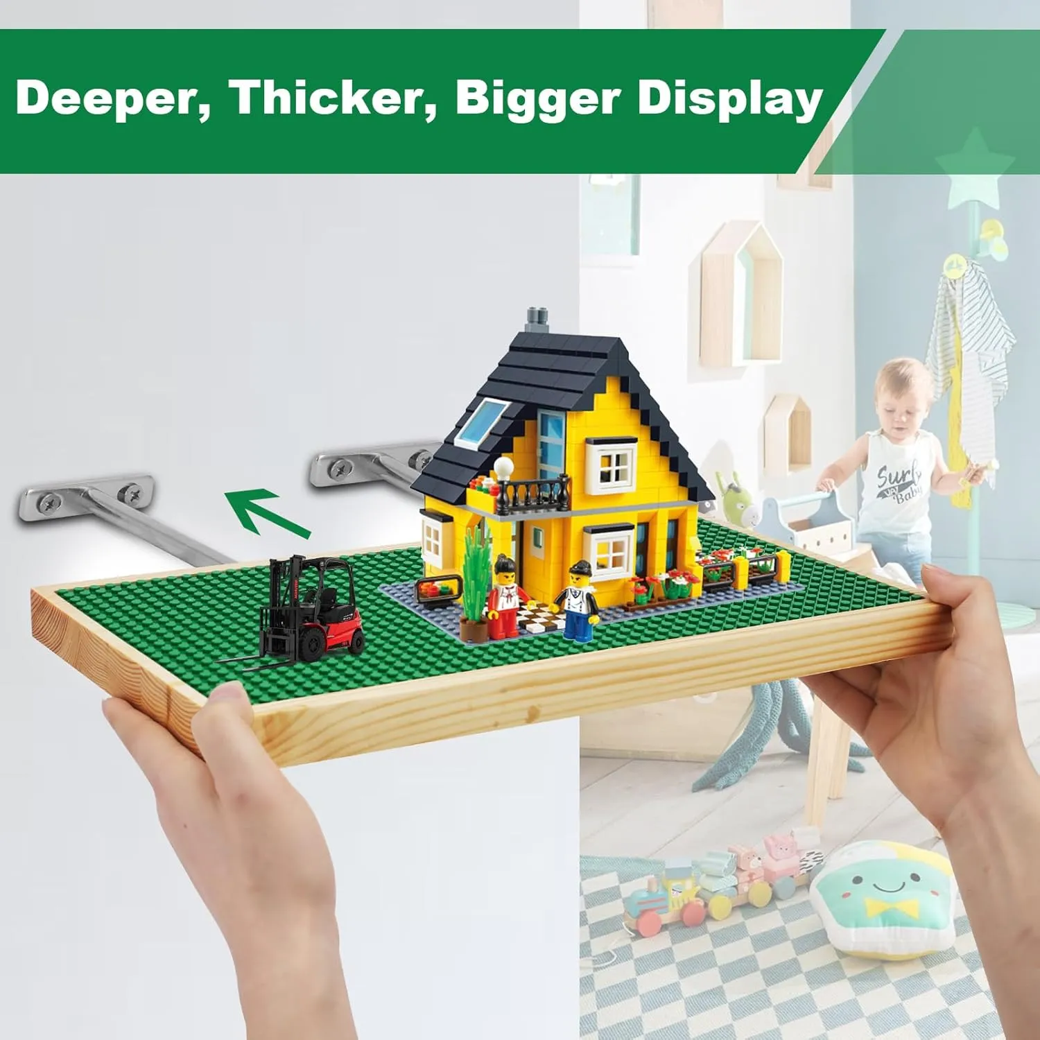 Display Shelves for Building Bricks 48X24 Stud Base Plate Wooden Wall Mount Shelf Display for Wall Compatible with All Toy Block Brands (Size 16X8 Inch) (2, Green)