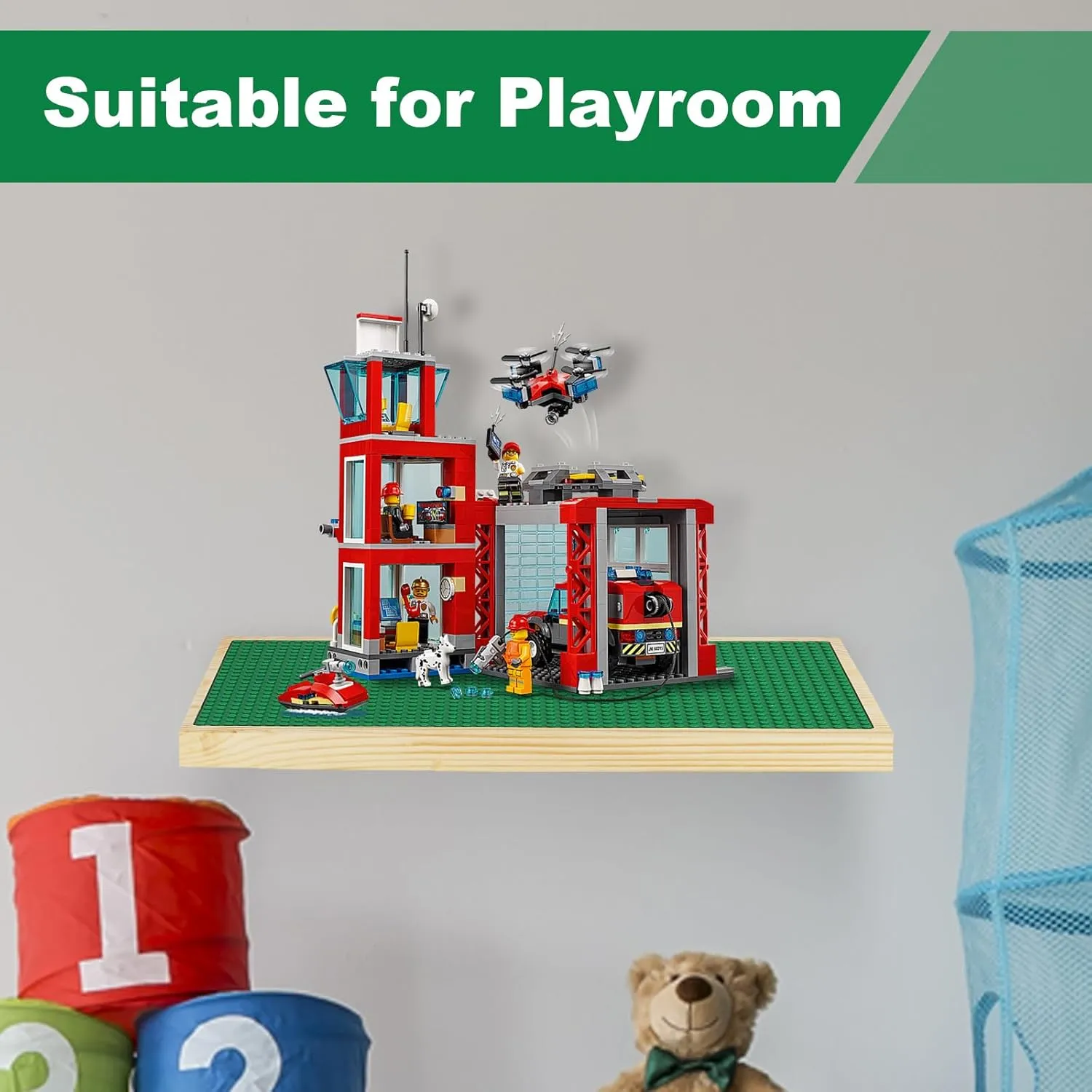 Display Shelves for Building Bricks 48X24 Stud Base Plate Wooden Wall Mount Shelf Display for Wall Compatible with All Toy Block Brands (Size 16X8 Inch) (2, Green)