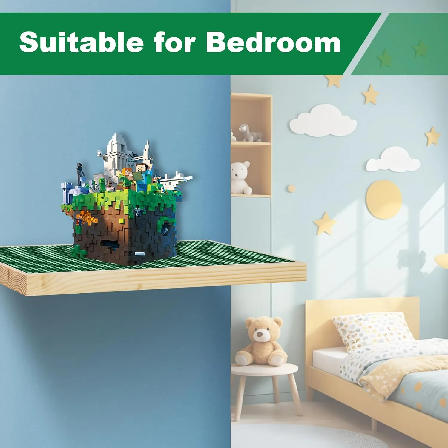 Display Shelves for Building Bricks 48X24 Stud Base Plate Wooden Wall Mount Shelf Display for Wall Compatible with All Toy Block Brands (Size 16X8 Inch) (2, Green)
