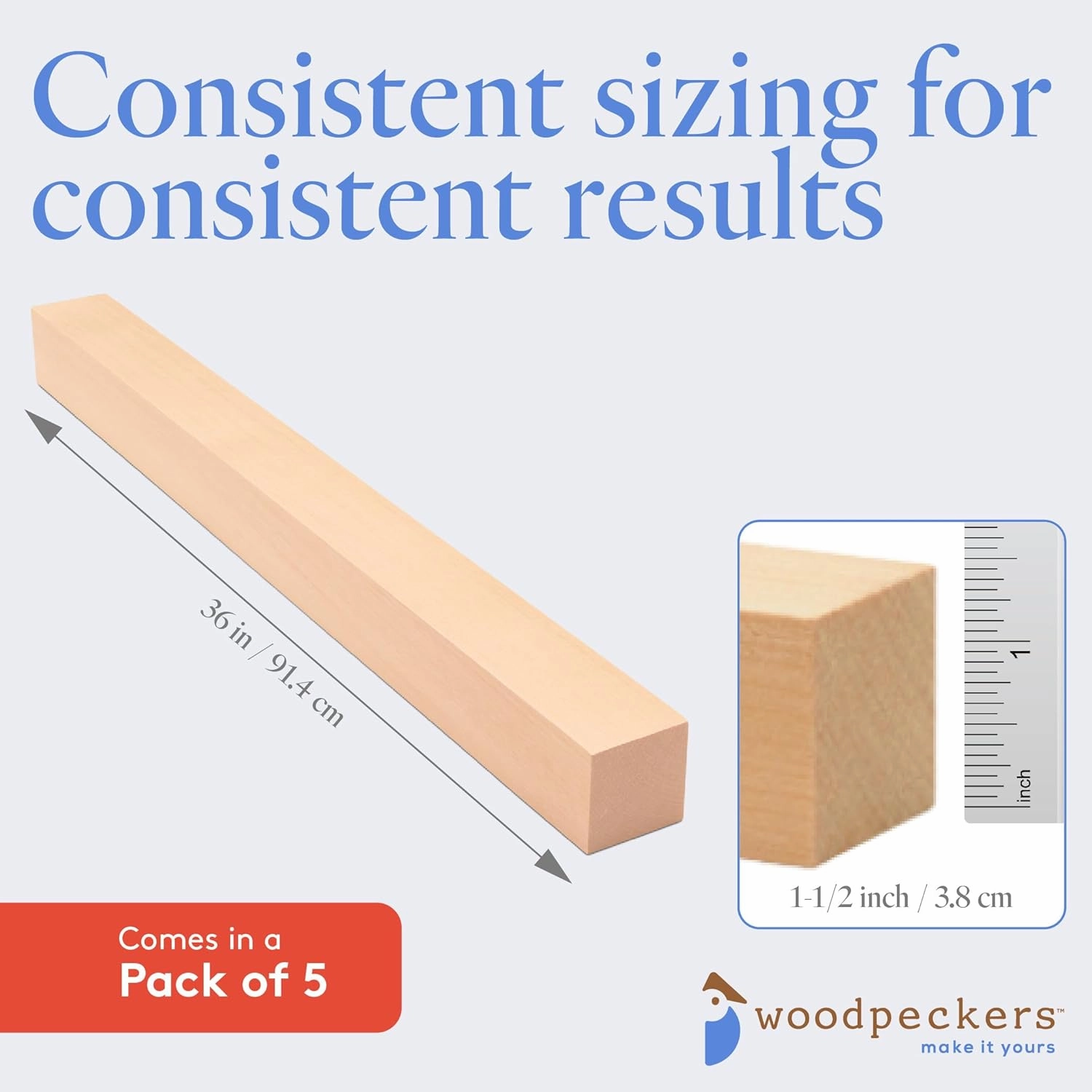 DIY Wooden Square Dowel Rod 1-1/2-inch x 36 Pack of 5 Hobby Wood Sticks for Crafts, Building Materials & Architecture Model Making, by Woodpeckers