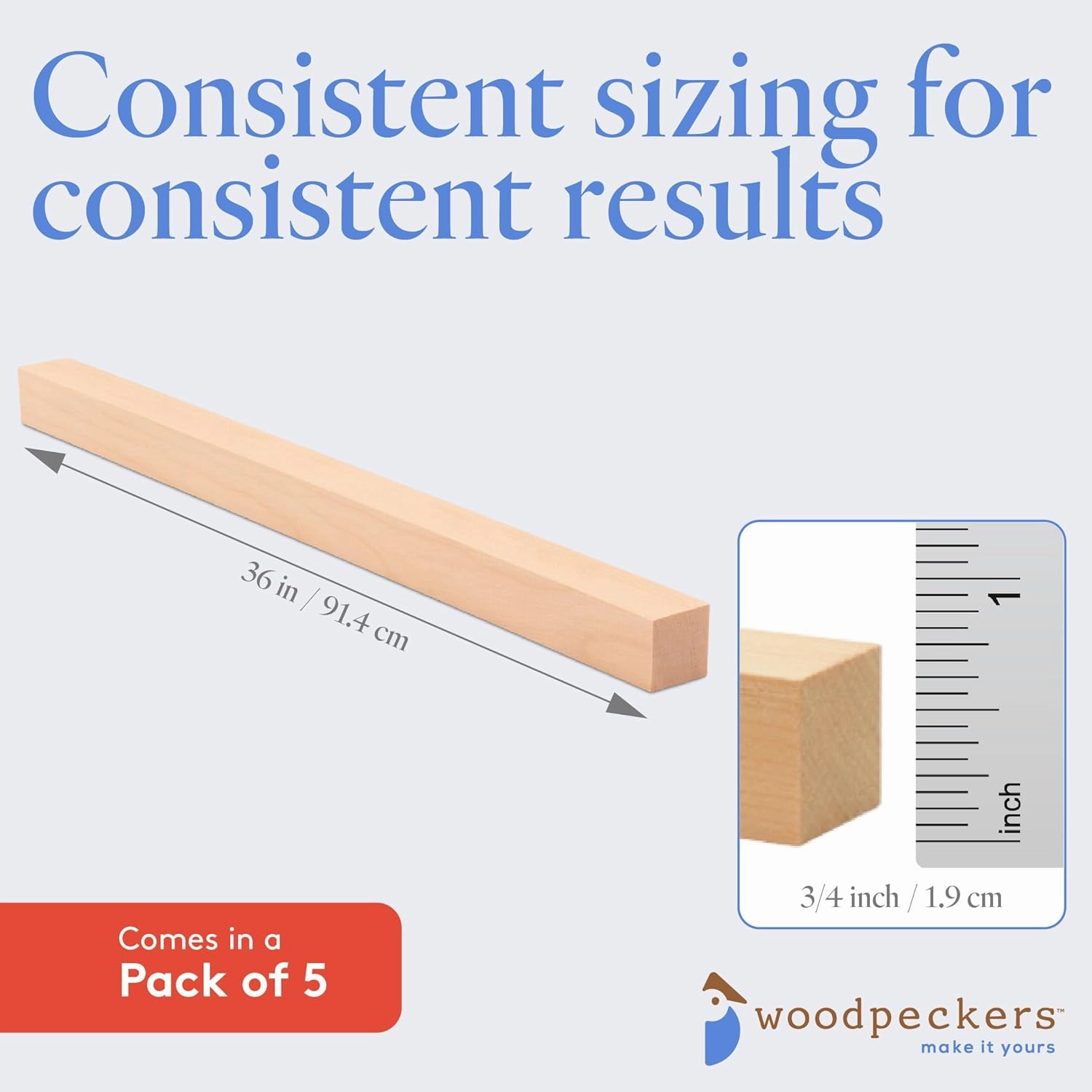 DIY Wooden Square Dowel Rod 3/4-inch x 36 Pack of 5 Hobby Wood Sticks for Crafts, Wood Trim & Architecture Model Making, by Woodpeckers