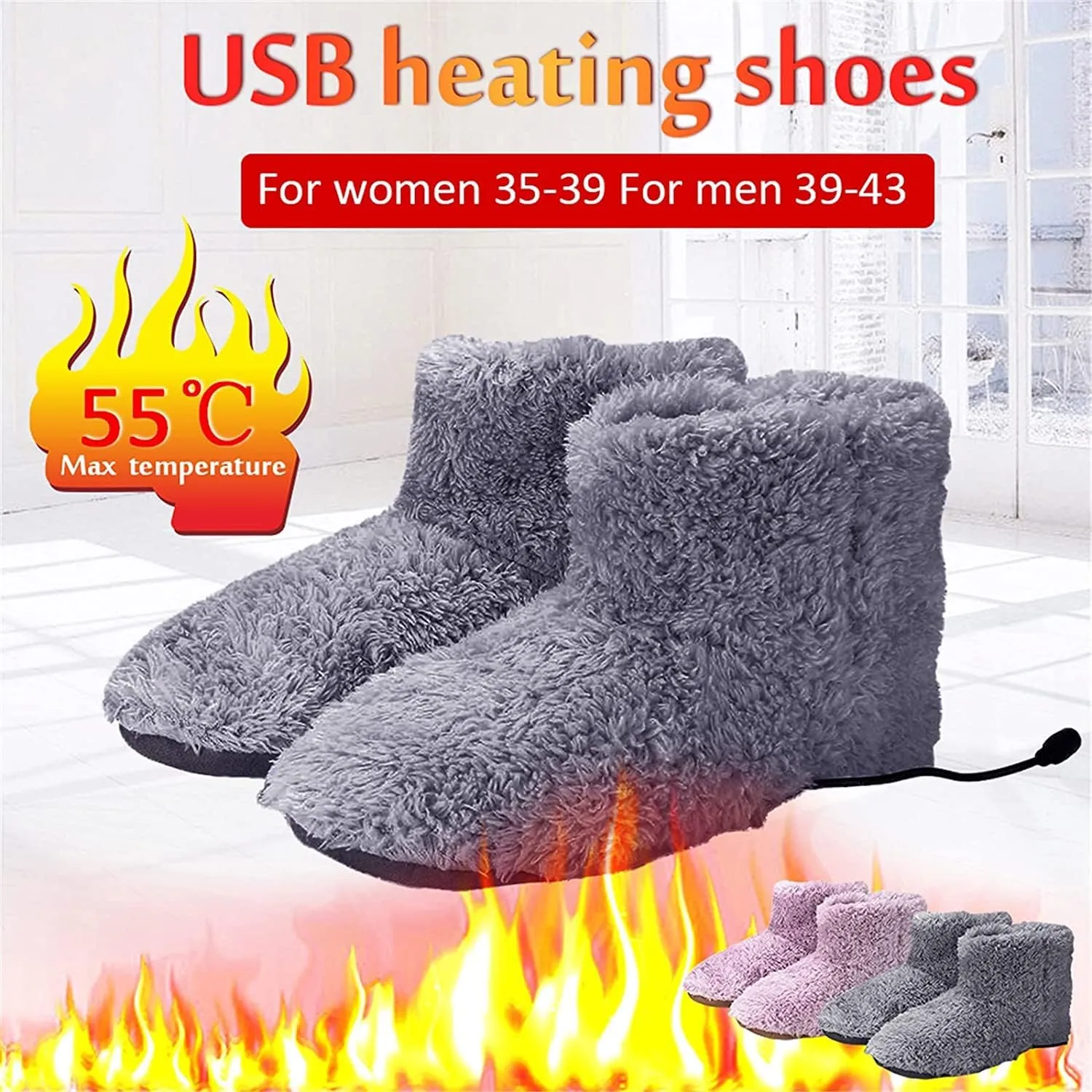 DKULMN USB Heated Slippers Rechargeable,Plush Shoe Slippers Plush Ankle Bootie Slippers Indoor Warm House Shoes for Office Home,Gray,7
